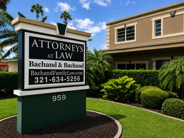 Attorneys at Law sign for Bachand & Bachand, PA in front of the firm’s office at 959 N. Cocoa Blvd., Cocoa, Florida